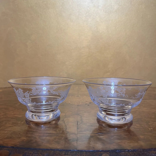 Vintage Stuart Crystal Etched Bird Dessert Bowls Pair