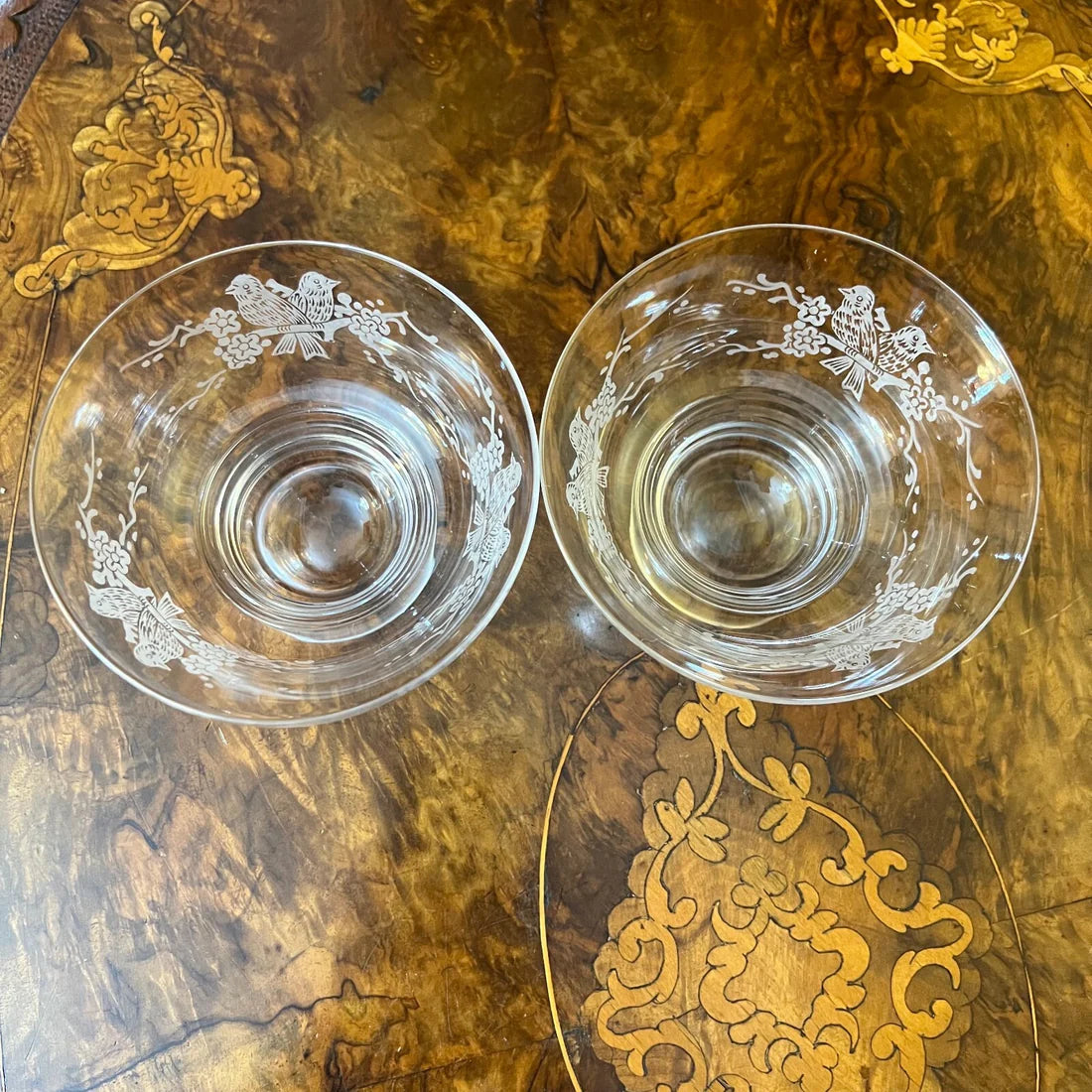 Vintage Stuart Crystal Etched Bird Dessert Bowls Pair
