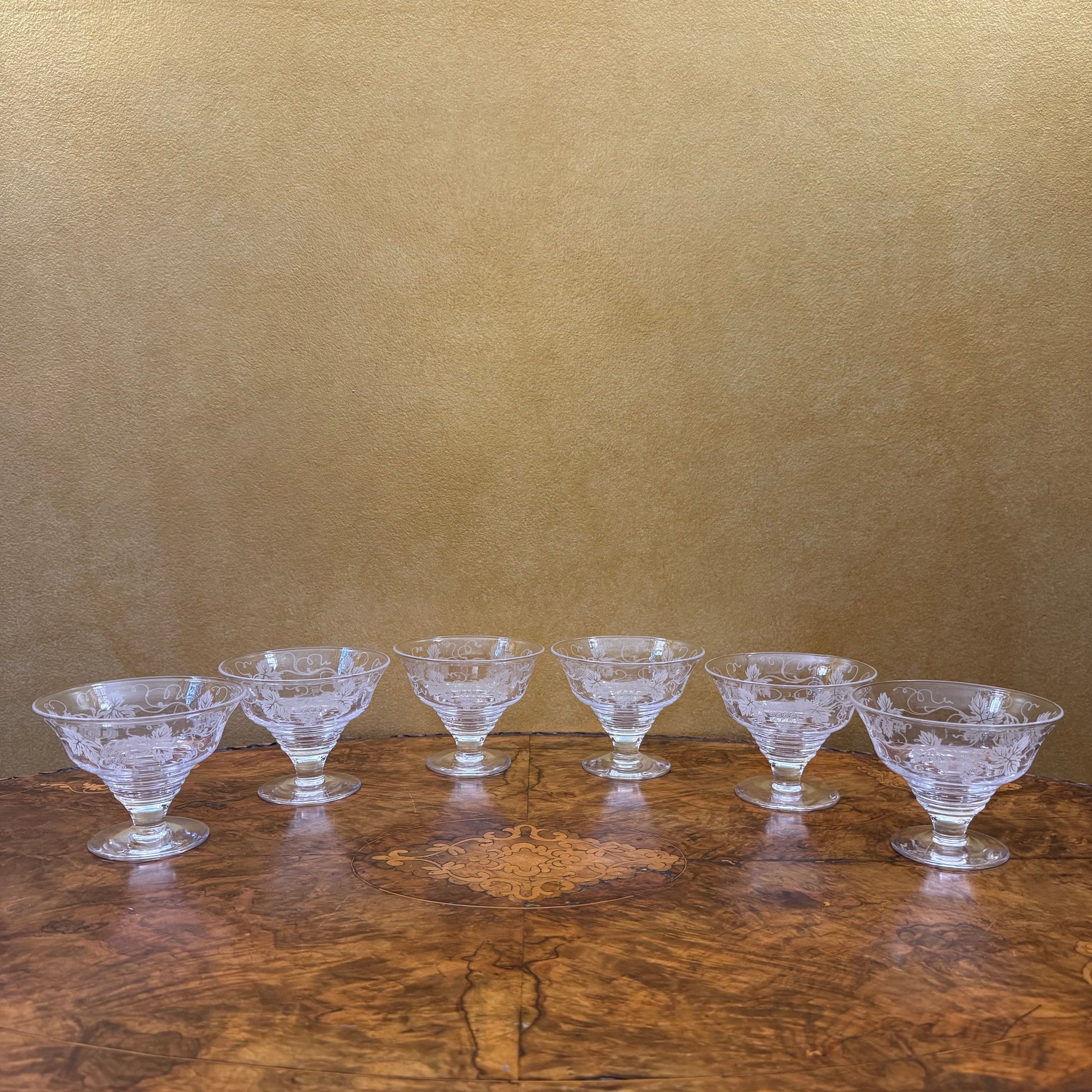 Vintage Stuart Crystal Etched Grapes & Leaves Footed Desserts Bowls Set Of Six 