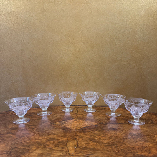 Vintage Stuart Crystal Etched Grapes & Leaves Footed Desserts Bowls Set Of Six 