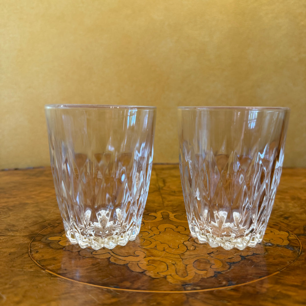 Vintage Vetravir Italian Diamond Cut Glass Drinking Glasses Pair