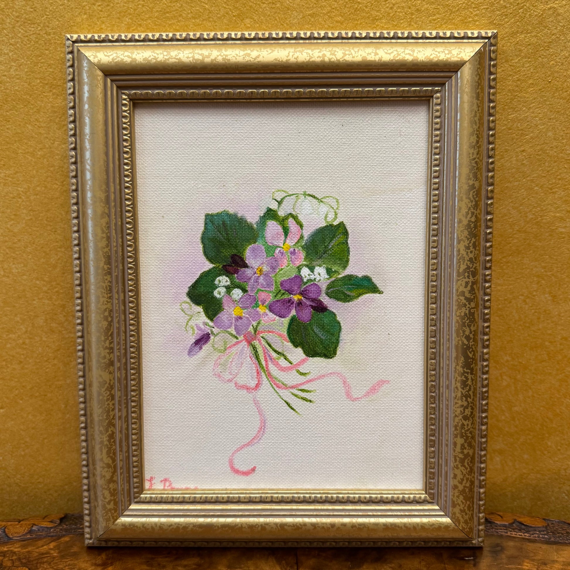Vintage Violets Flower Painting On Canvas In Gold Frame