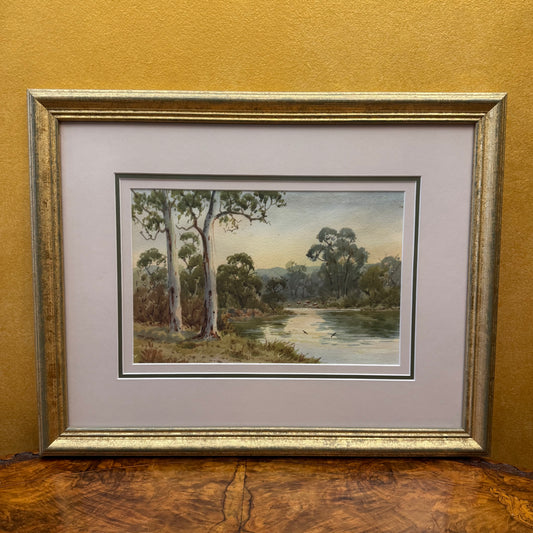 Vintage Watercolor Painting Australian River Scene