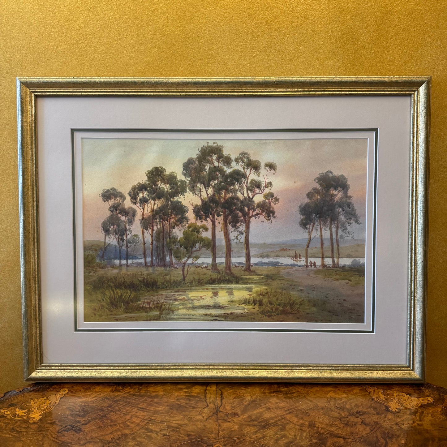 Vintage Watercolour Trees Sheep Boats Scene 