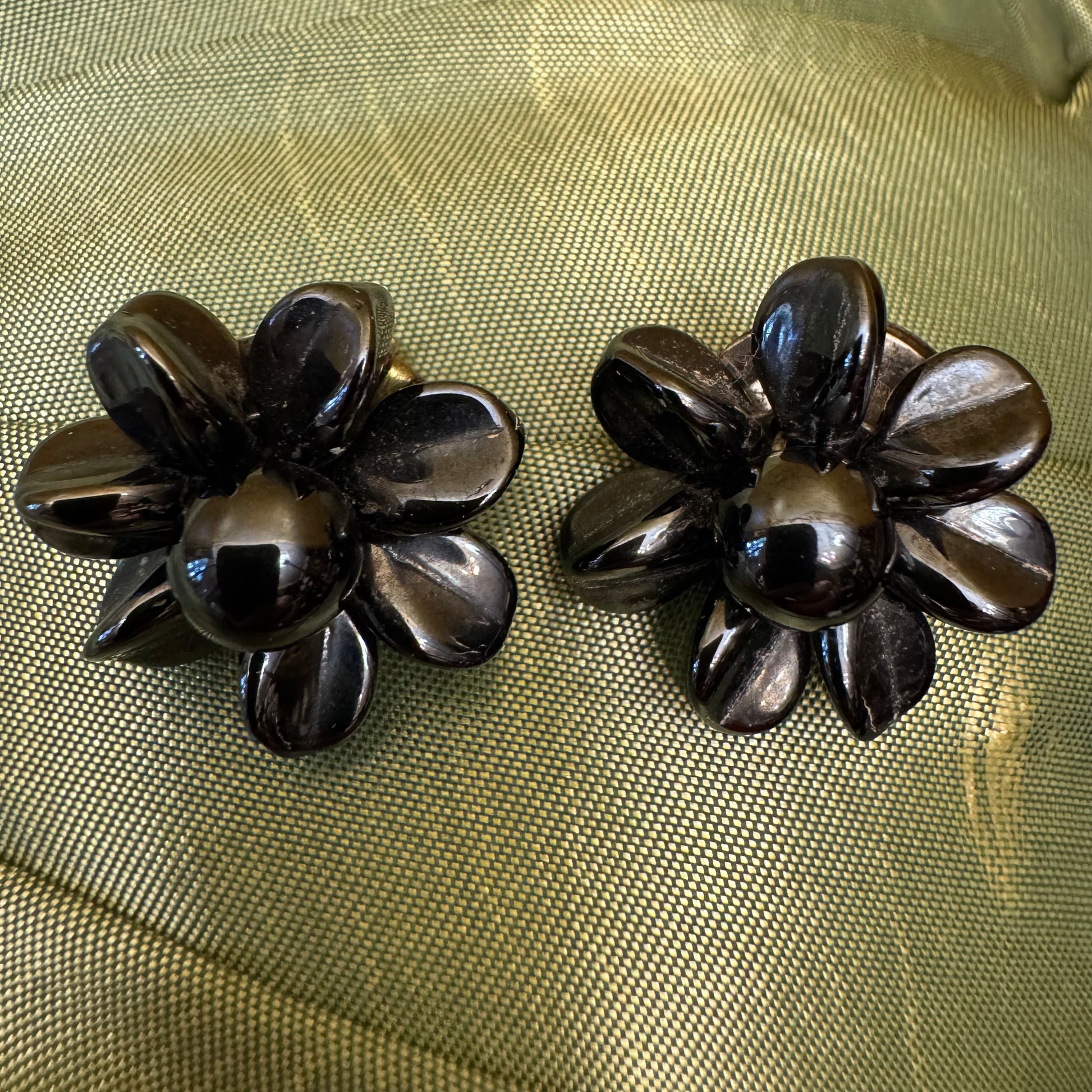 Vintage West Germany Black Flower Clip On Earrings 