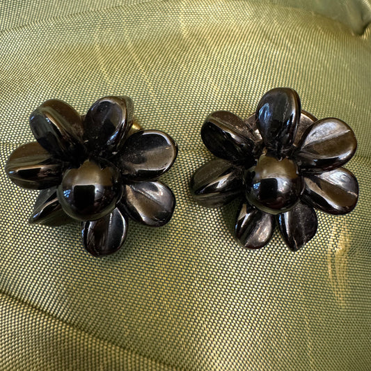 Vintage West Germany Black Flower Clip On Earrings 