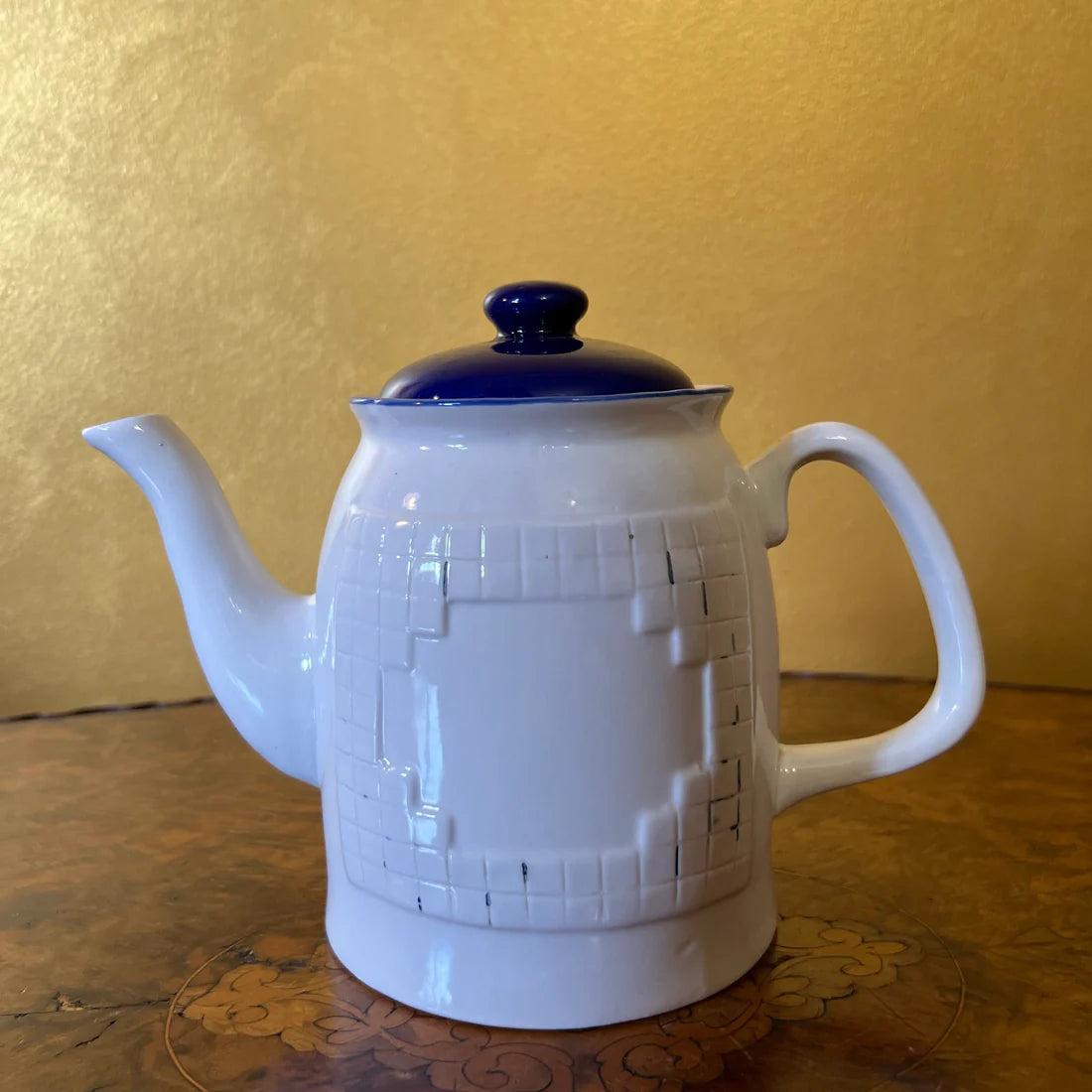 Vintage White & Blue Check Embossed Teapot