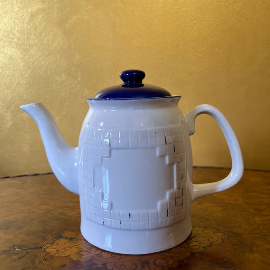 Vintage White & Blue Check Embossed Teapot