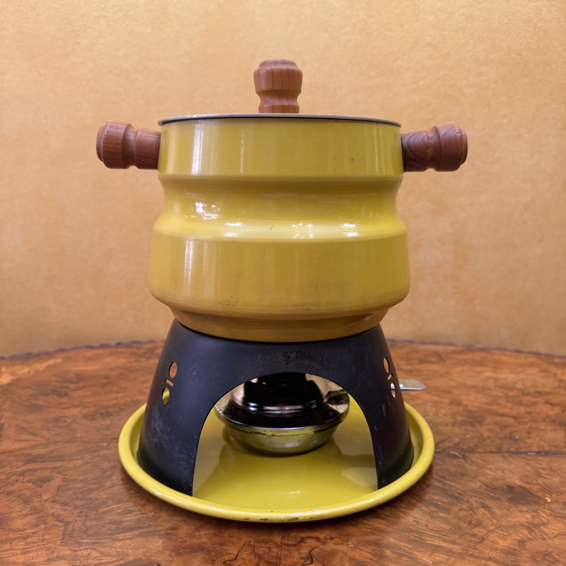 Vintage Yellow Fondue Pot Set With Skewers 
