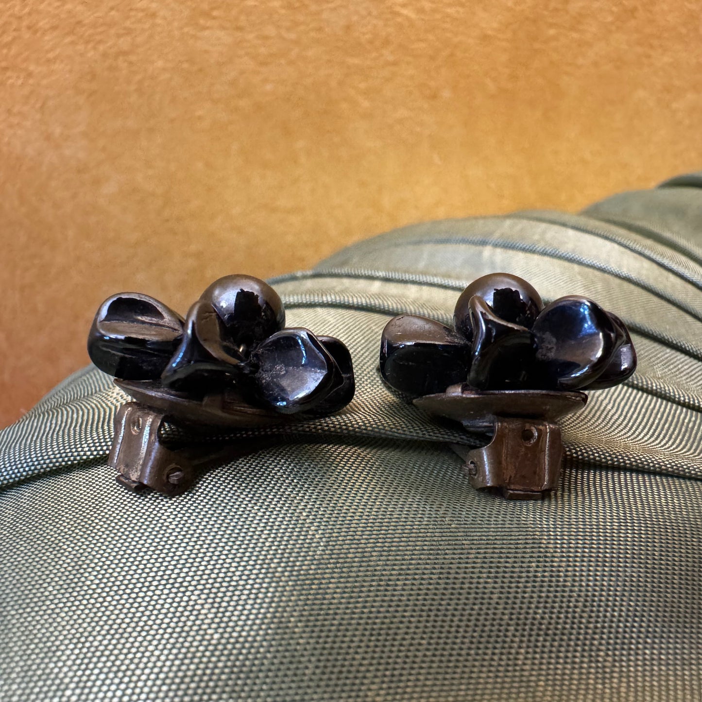 West Germany Black Flower Clip On Earrings 