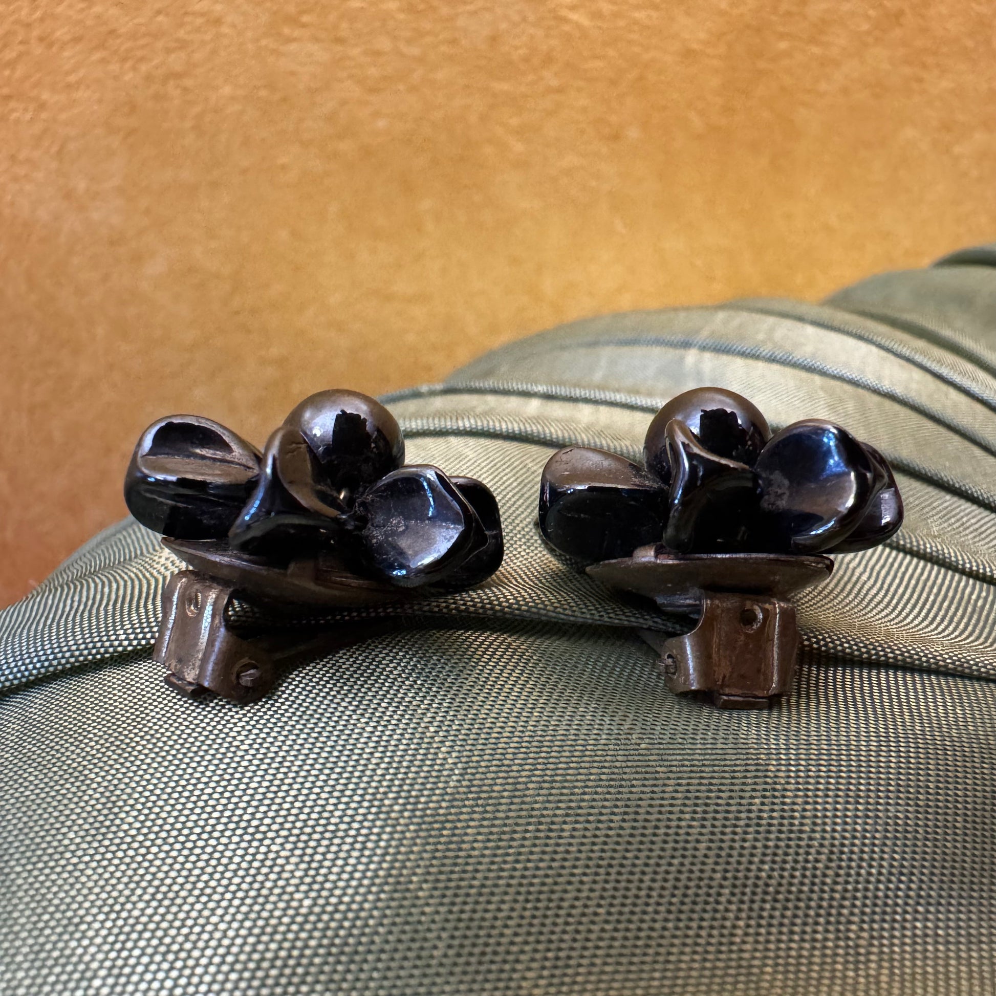 West Germany Black Flower Clip On Earrings 