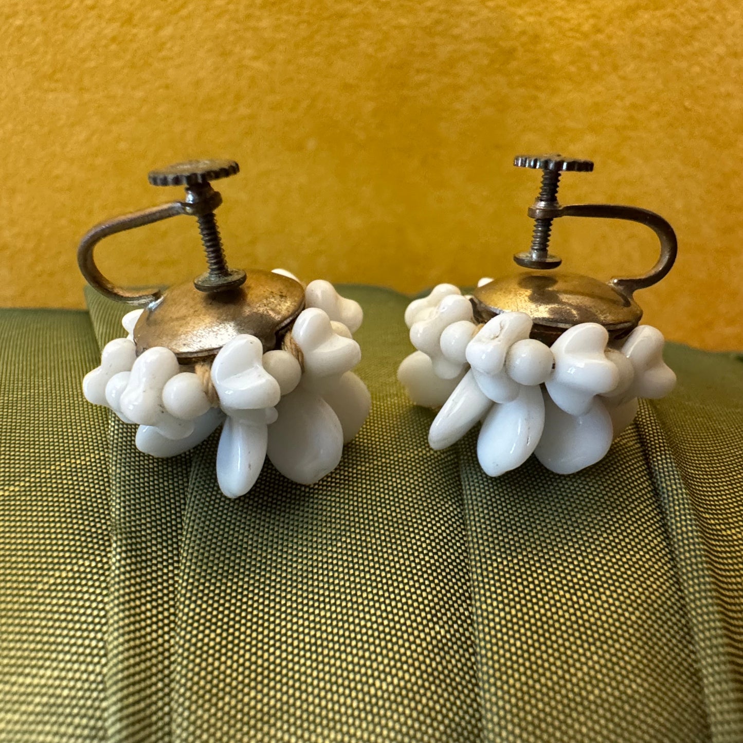 Western Germany Milk Glass Bead Cluster Flower Screw Back Earrings