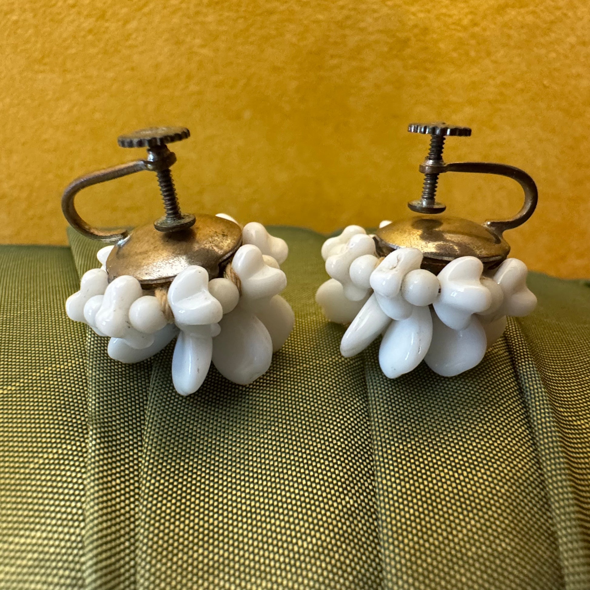 Western Germany Milk Glass Bead Cluster Flower Screw Back Earrings