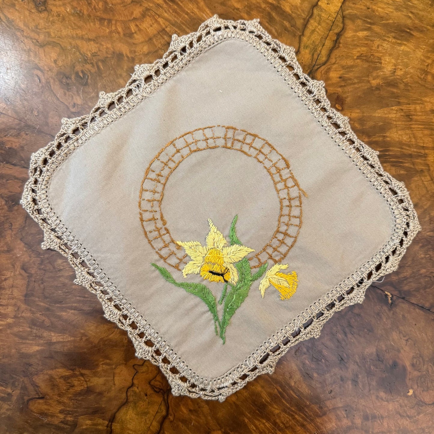 Vintage Yellow Flower Embroidered Square Doily