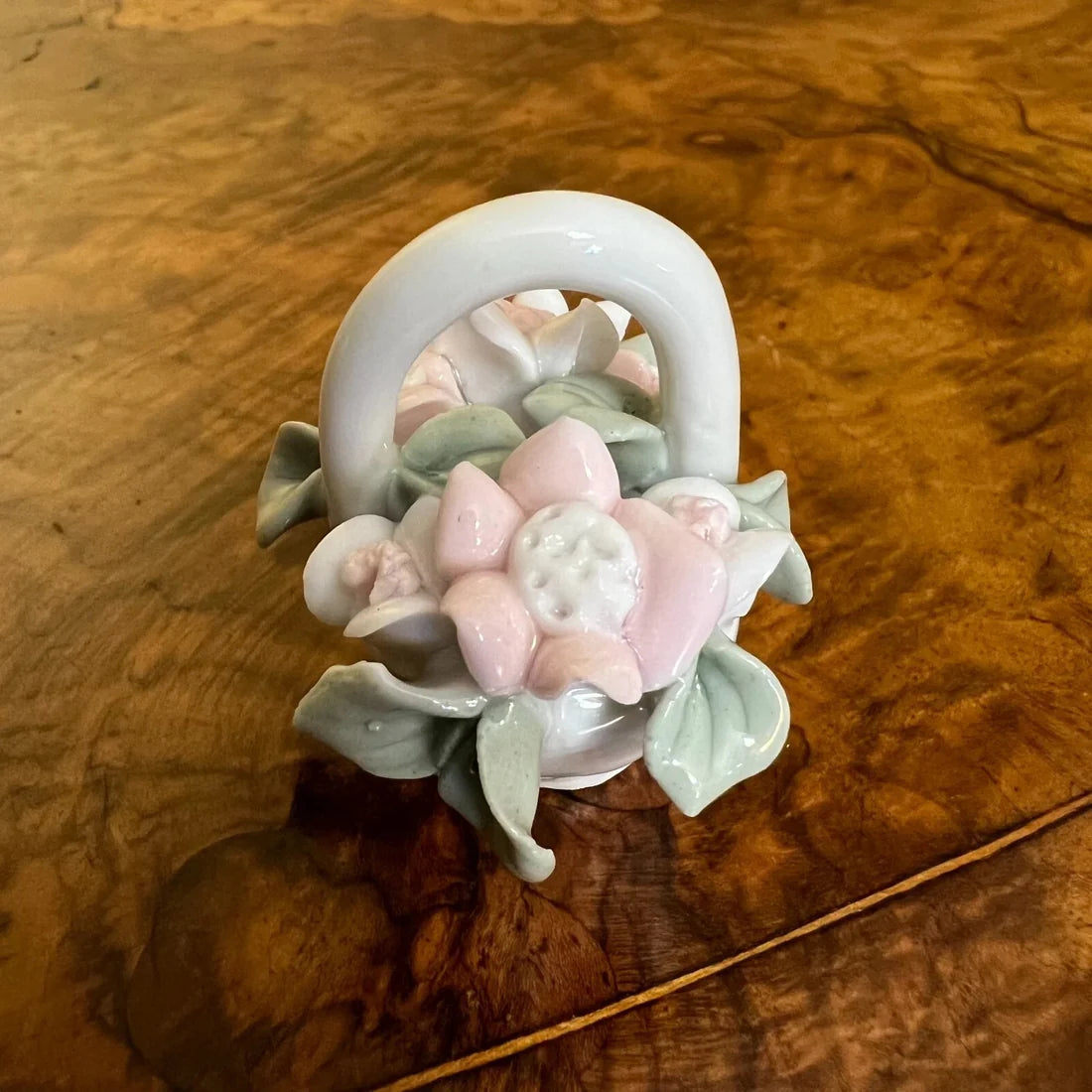 Miniature Porcelain Pink Flower Basket