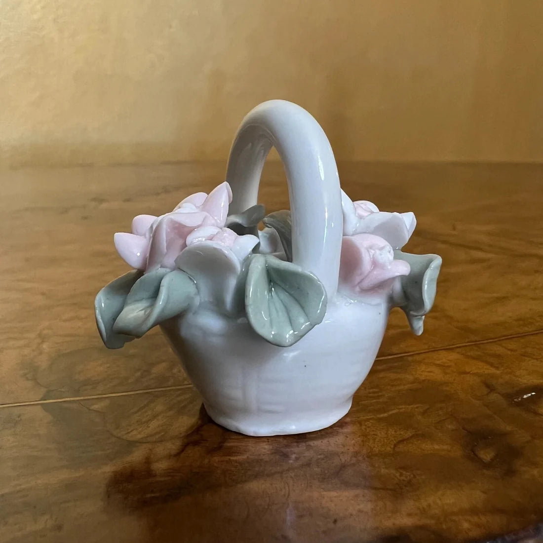 Miniature Porcelain Pink Flower Basket