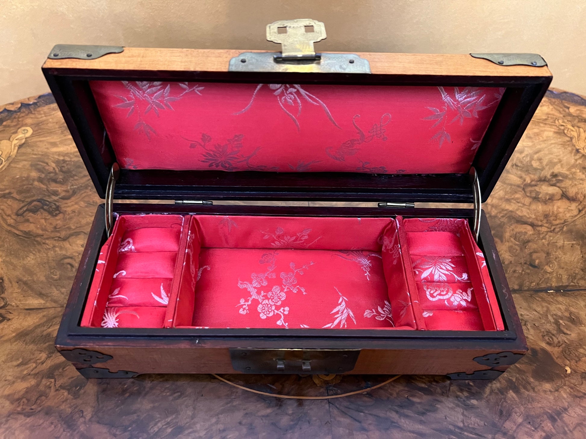 Antique Chinese Jade Insert Jewellery Box with Key 