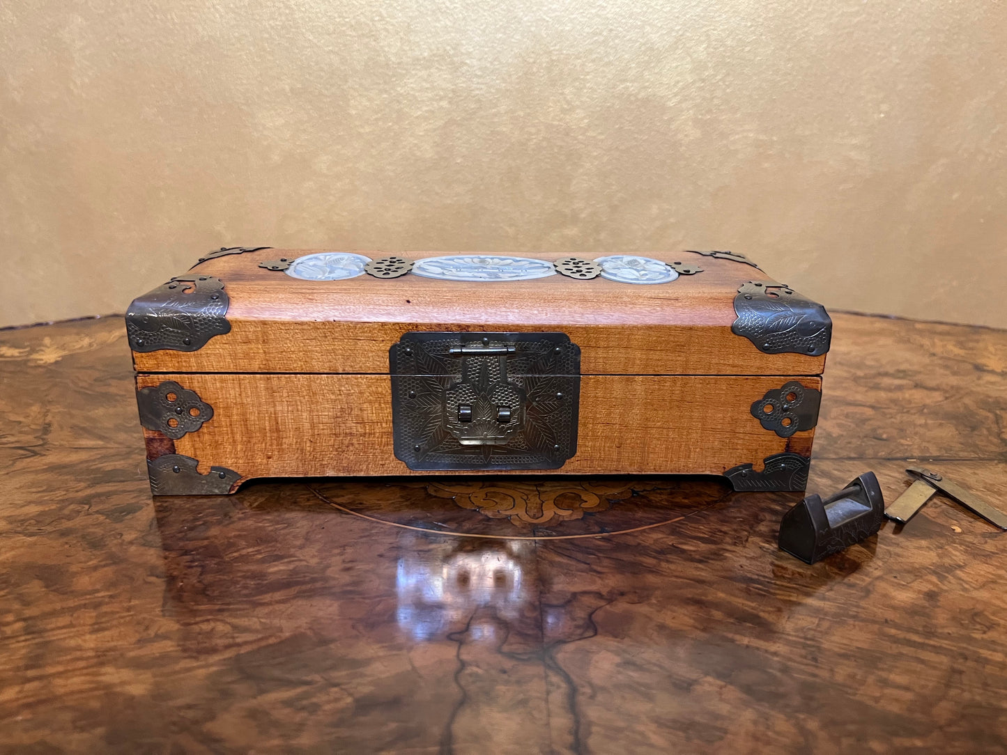 Antique Chinese Jade Insert Jewellery Box with Key Lock