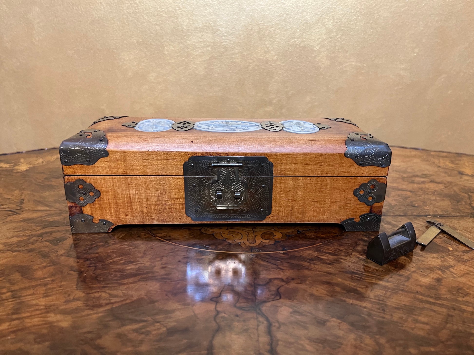 Antique Chinese Jade Insert Jewellery Box with Key Lock