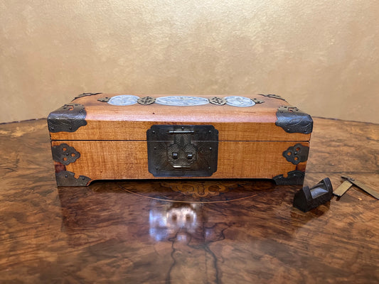 Antique Chinese Jade Insert Jewellery Box with Key Lock