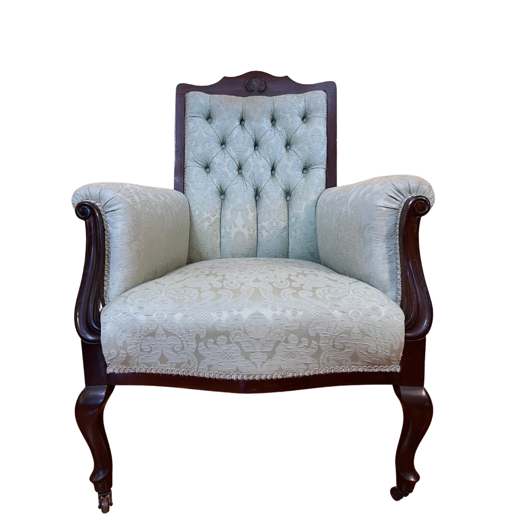 Antique English Walnut Mint Fabric Armchair