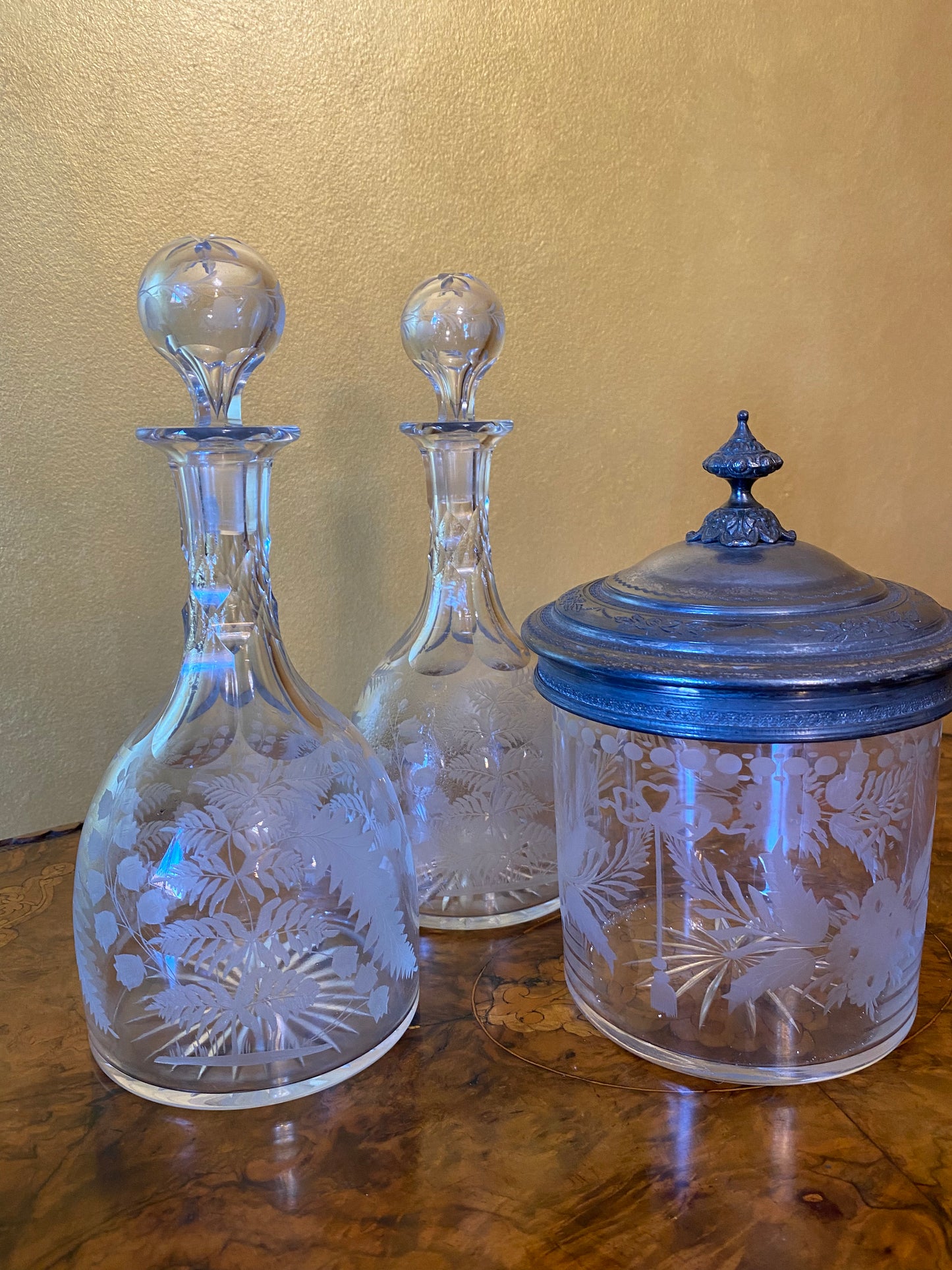 Antique Etched Glass Canister & Decanter 