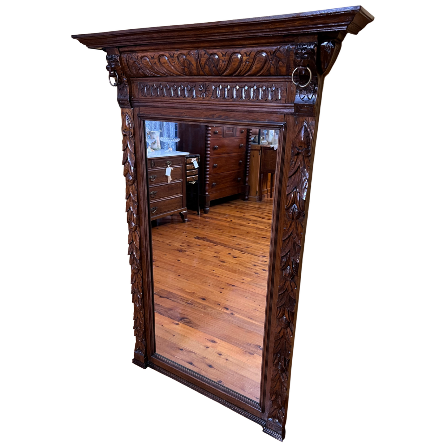 Antique French 19th Century Detail Carved Oak with Lion Heads Mirror