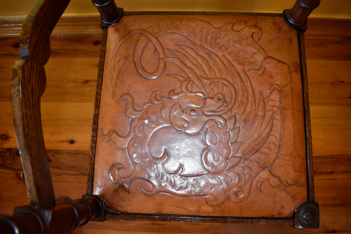 Antique French Ladder Corner Chairs with Dragon Design Leather Seat 