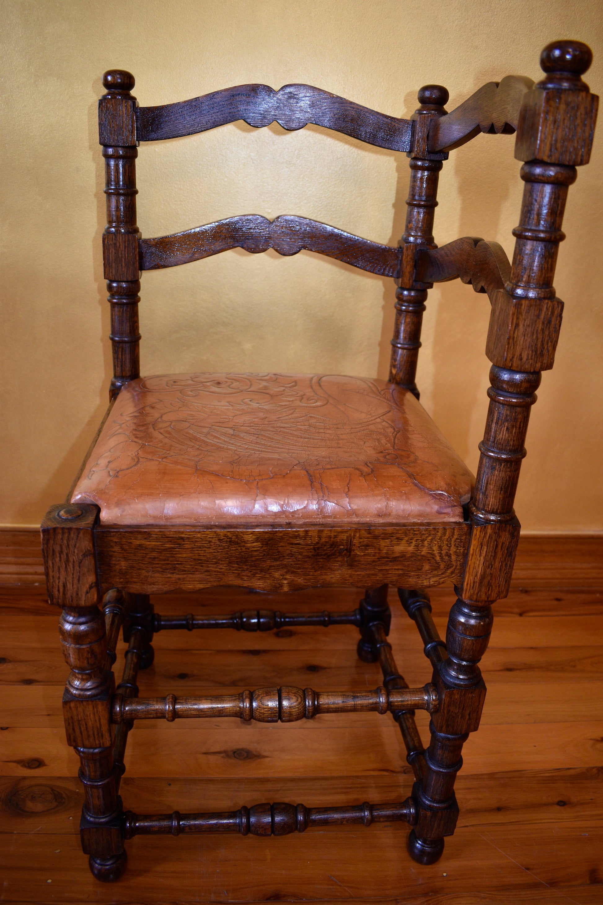 Antique French Ladder Corner Chairs with Dragon Design Leather Seats 