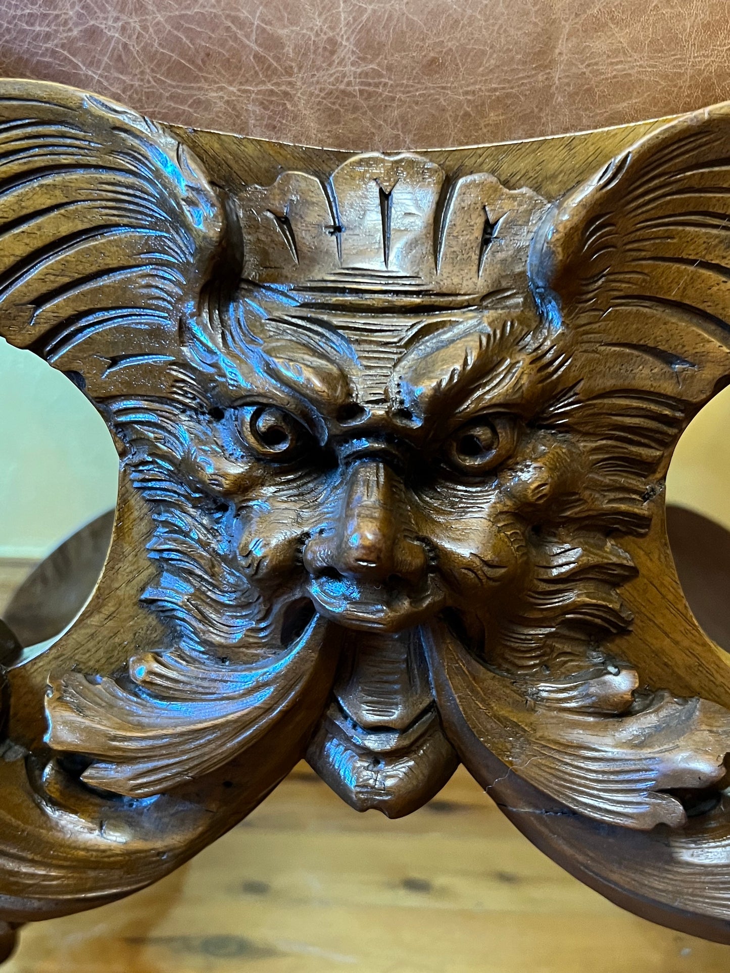 Antique French Leather & Oak Dragon Carving Armchair