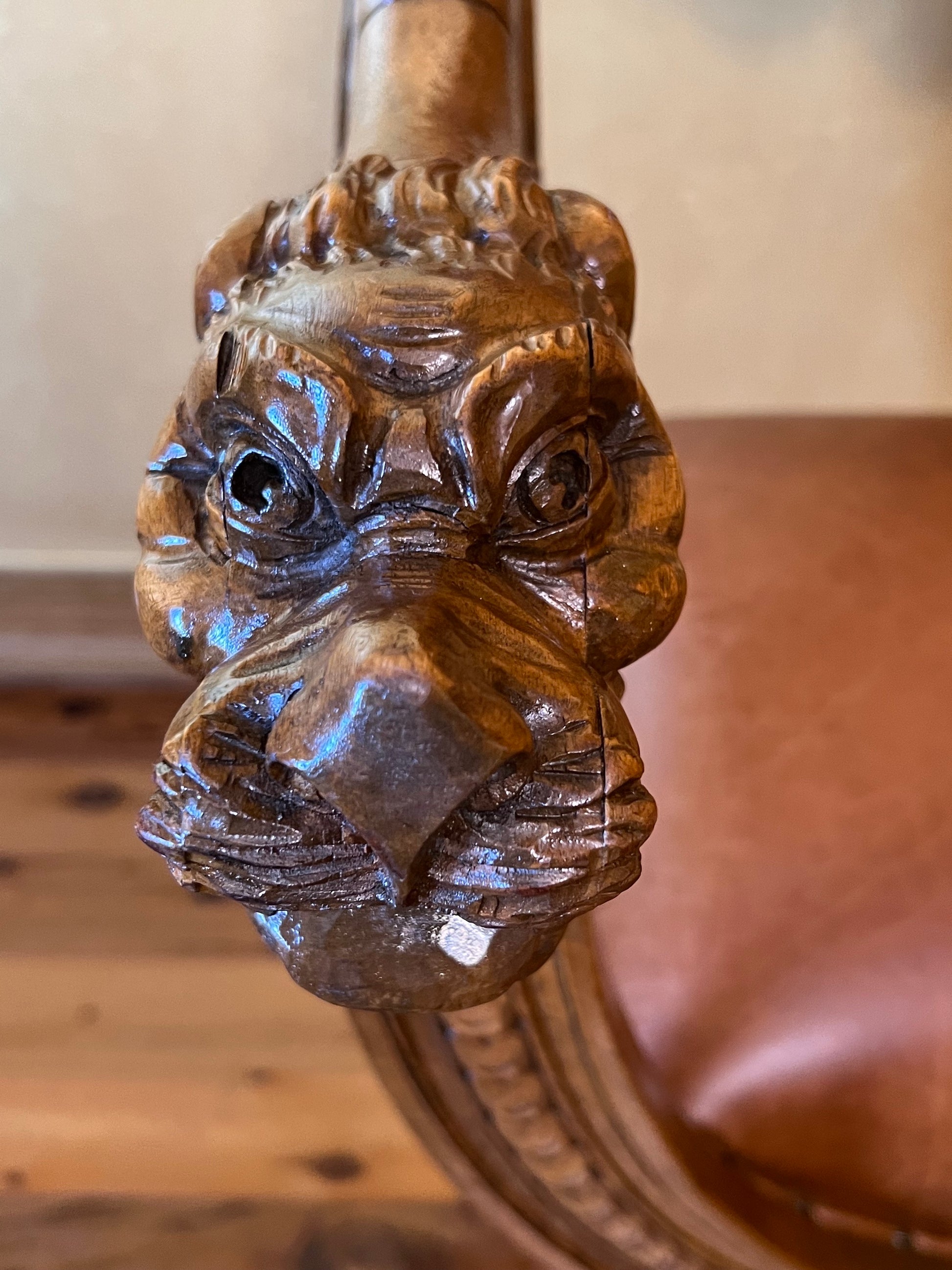 Antique French Leather & Oak Savonarola Dragon Armchair