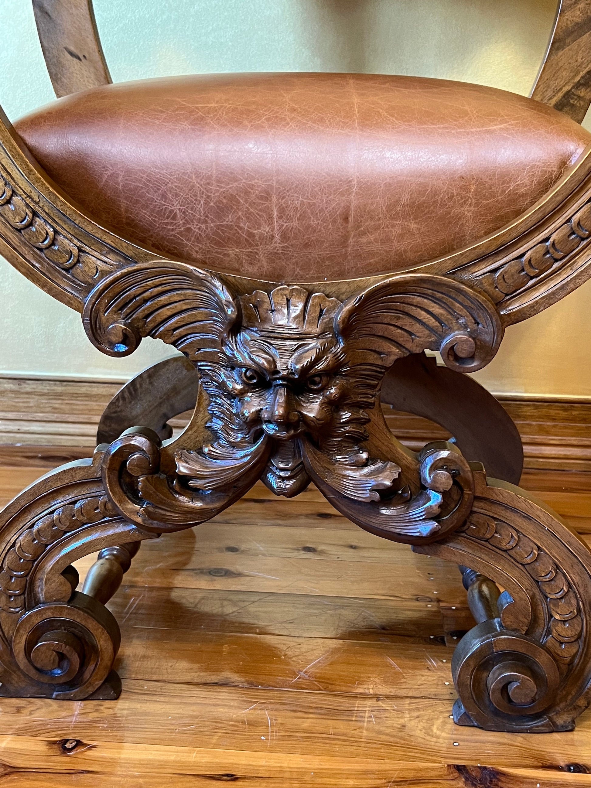 Antique French Leather & Oak Savonarola Dragon Carving Armchair