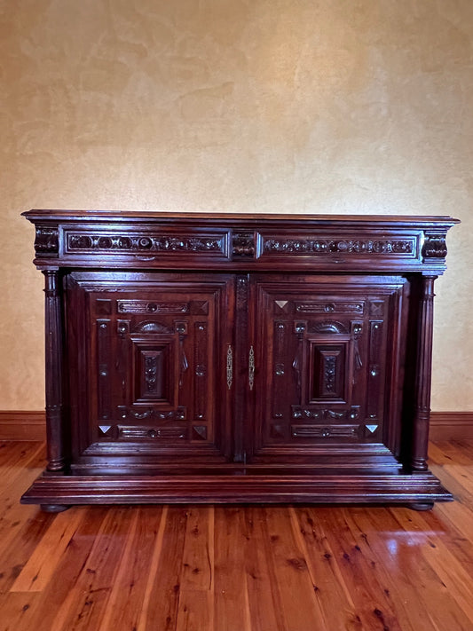 Antique French Sideboard Walnut & Marble Top Cabinet