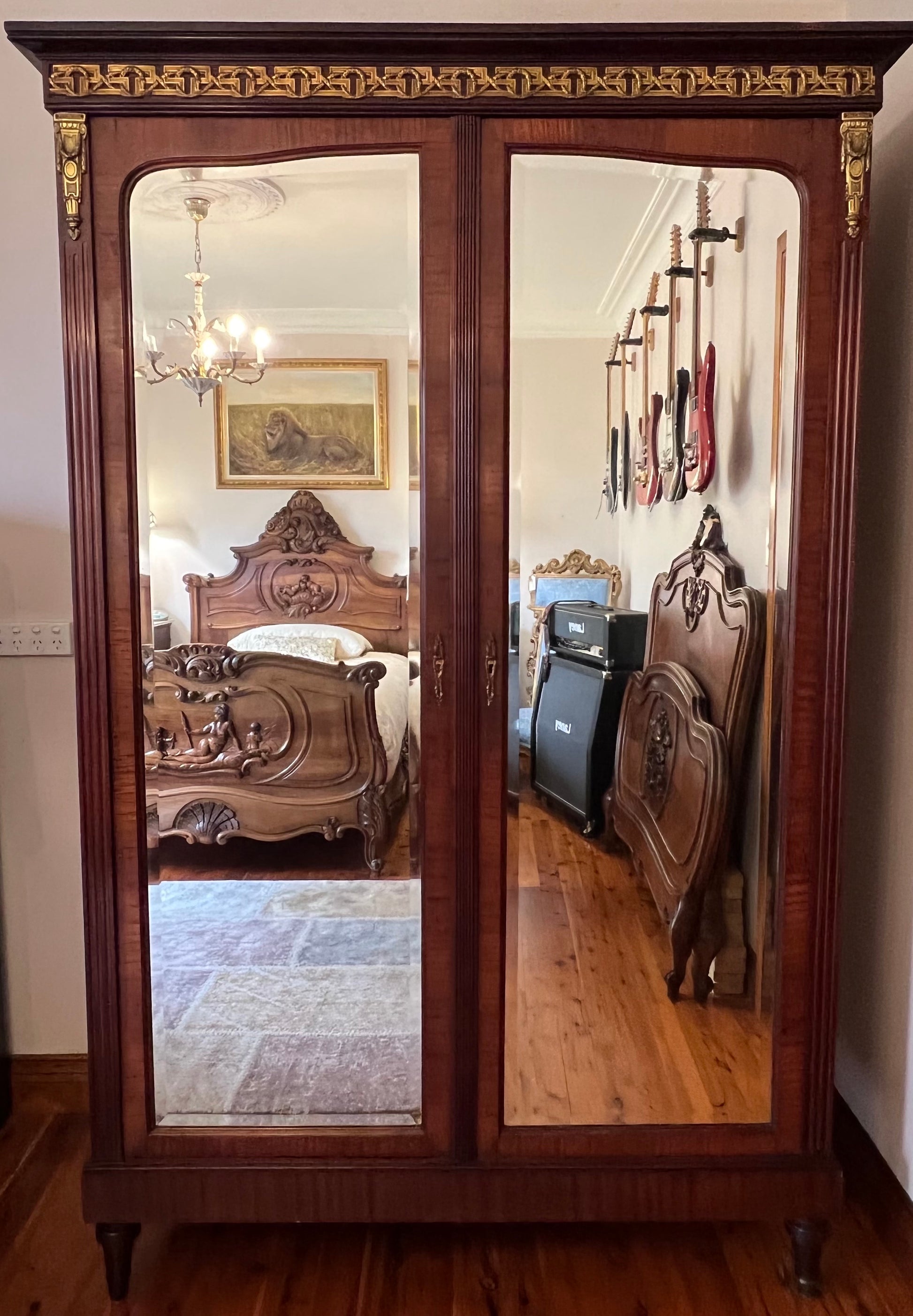 Antique French Walnut Two Mirror Draw Wardrobe Armoire