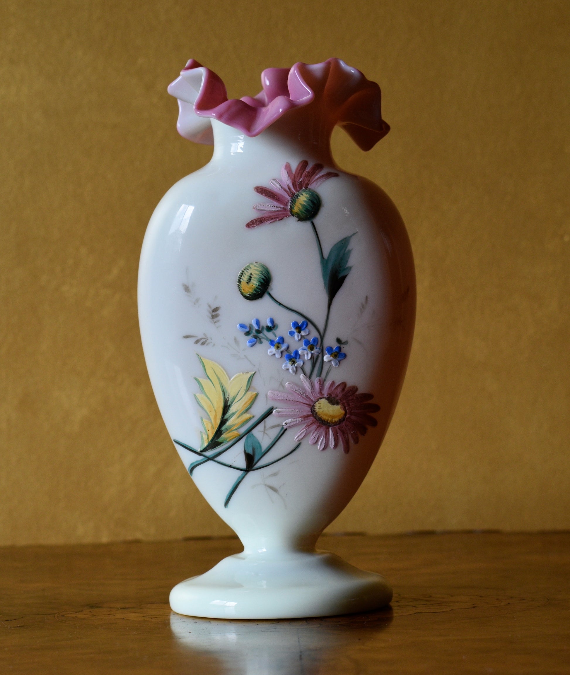 Antique Hand Painted Floral Vase with Pink Frill 