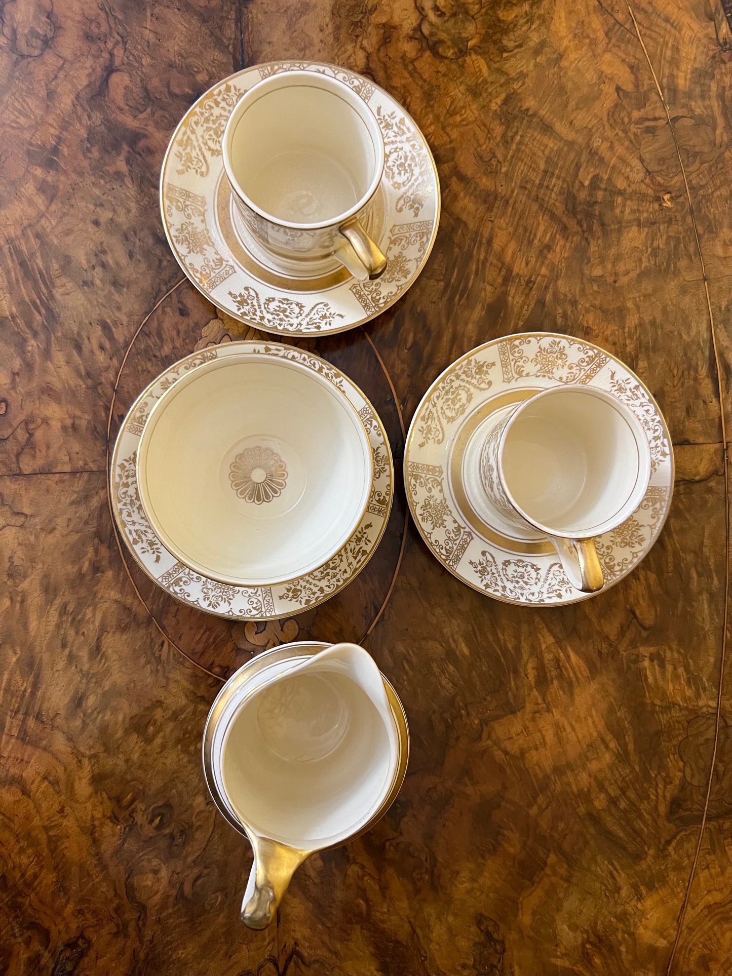 Antique Johnson Bros Victorian Gold Print Demitasse Coffee Cups, Milk & Sugar 