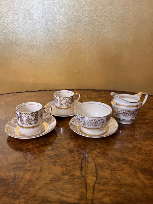 Antique Johnson Bros Victorian Gold Print Demitasse Coffee Cups, Milk & Sugar Set