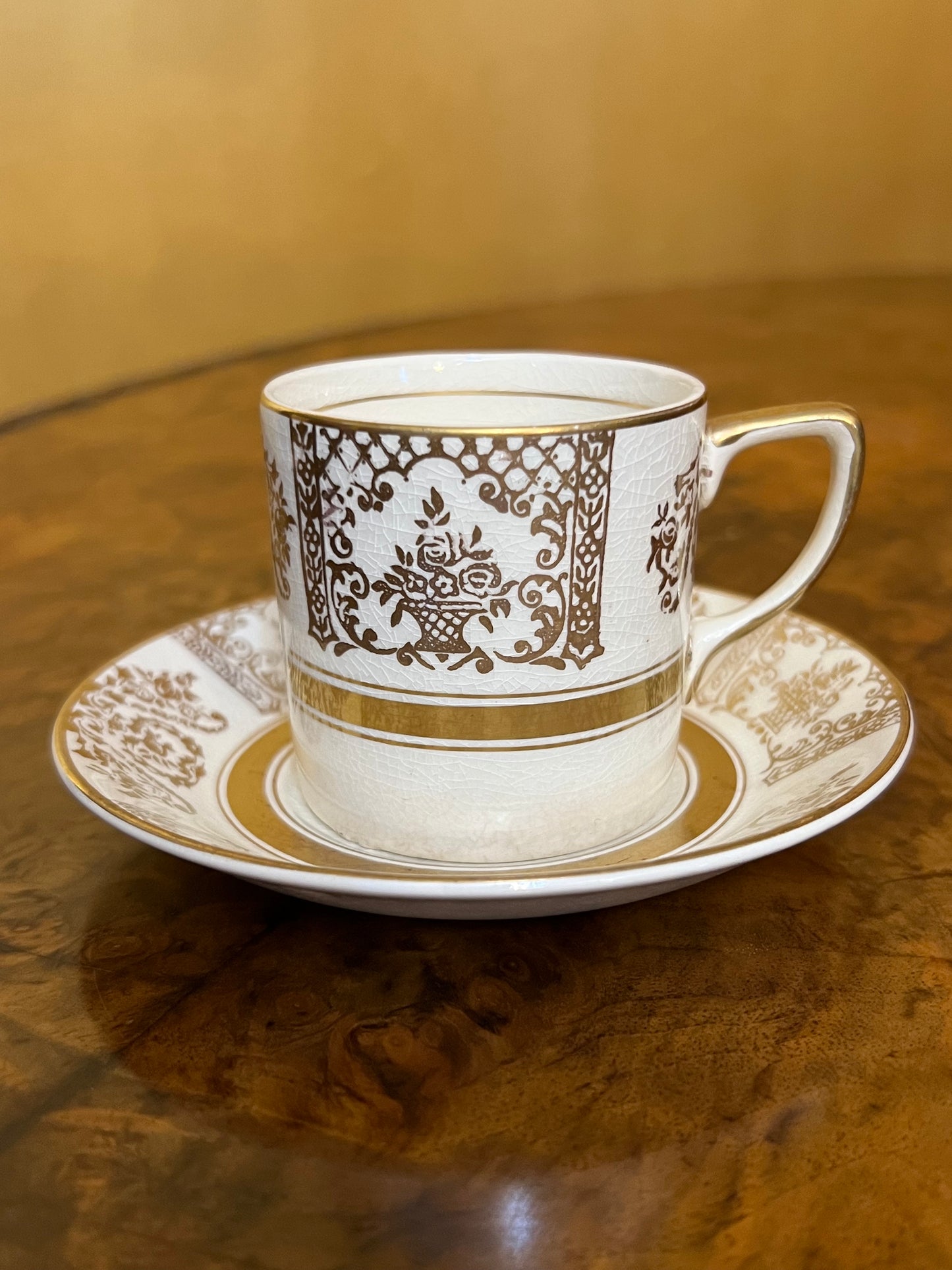 Antique Johnson Bros Victorian Gold Print Demitasse Coffee Cups & Saucer 
