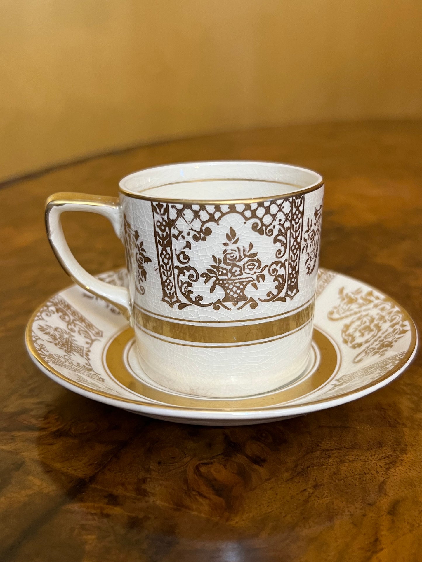 Antique Johnson Bros Victorian Gold Print Demitasse Coffee Cups & Saucer Set 