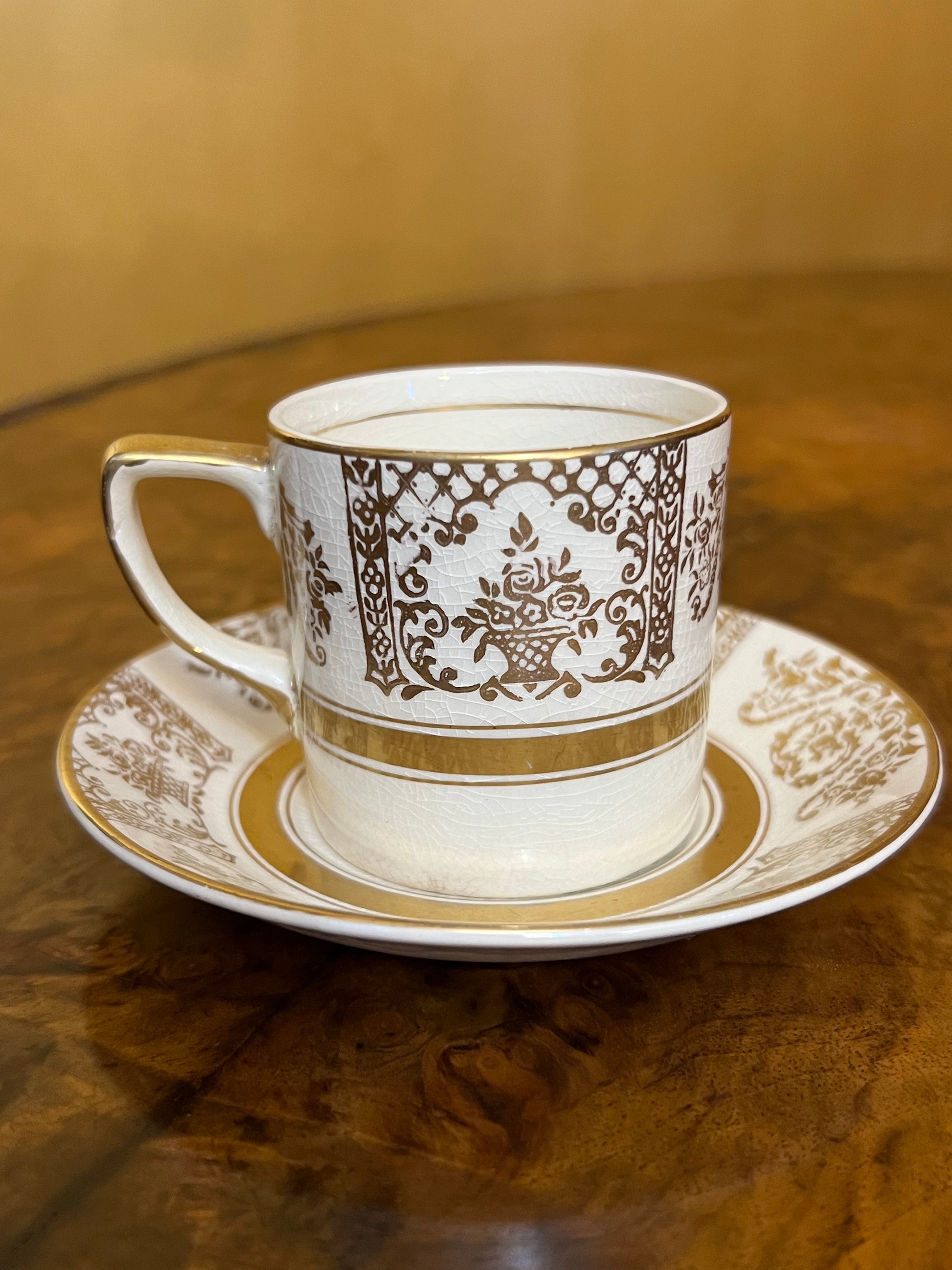 Antique Johnson Bros Victorian Gold Print Demitasse Coffee Cups & Saucer Set 