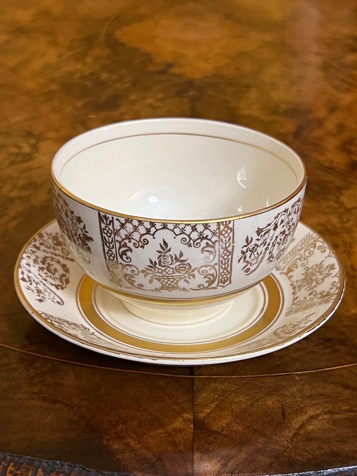 Antique Johnson Bros Victorian Gold Print Sugar Bowl & Saucer 