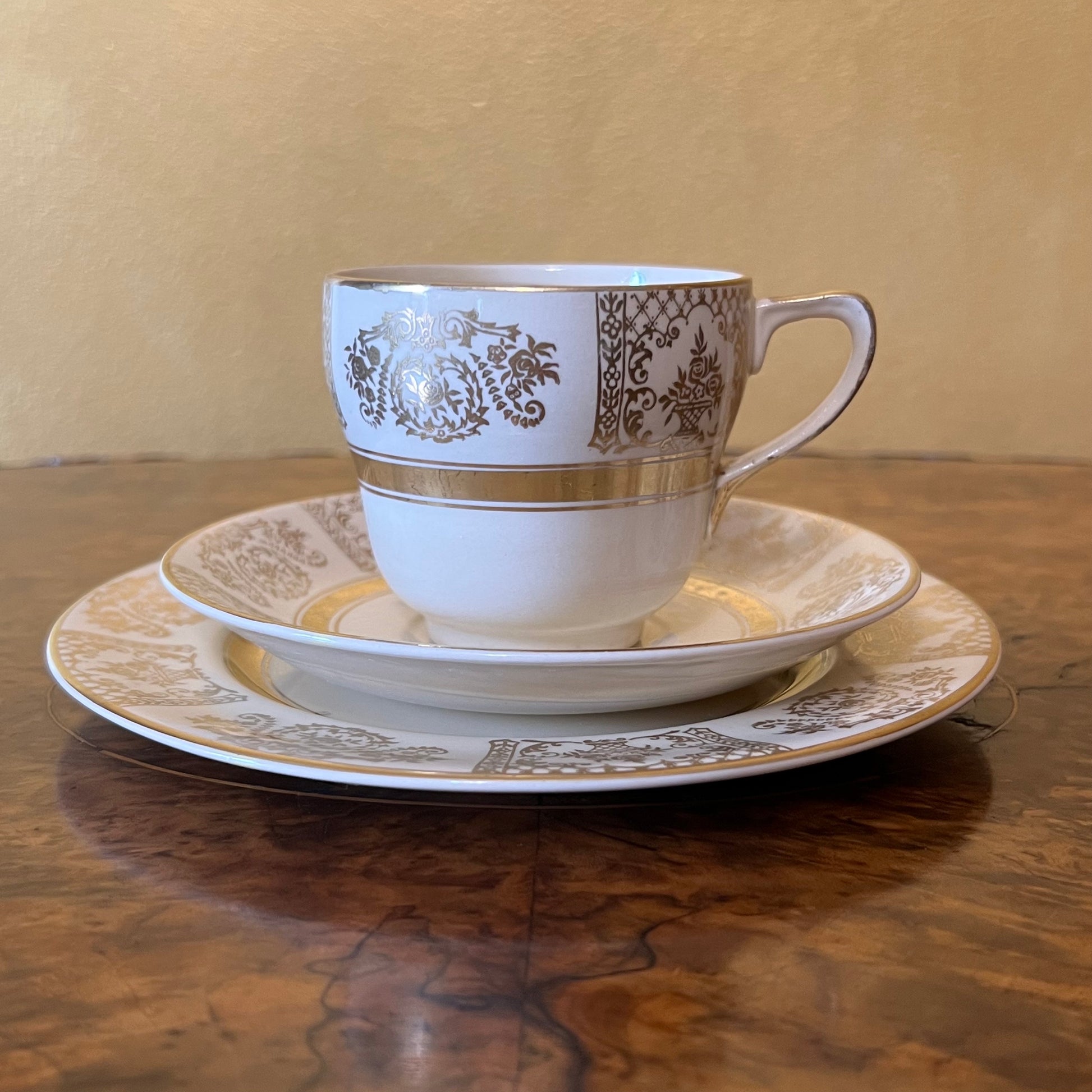 Antique Johnson Bros Victorian Gold Tea Cup Trio Set