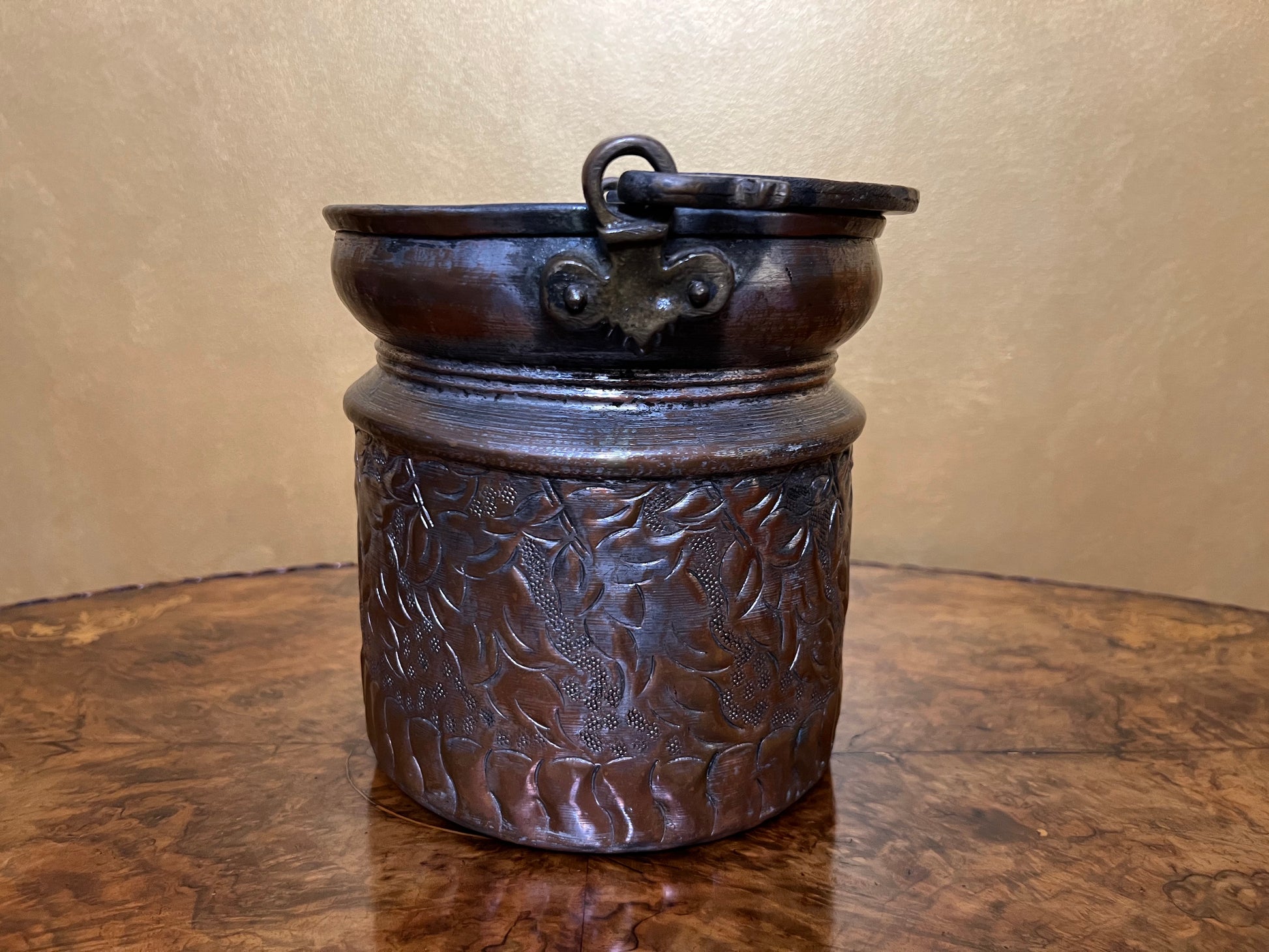 Antique Metal Bucket with Embossed Detail 
