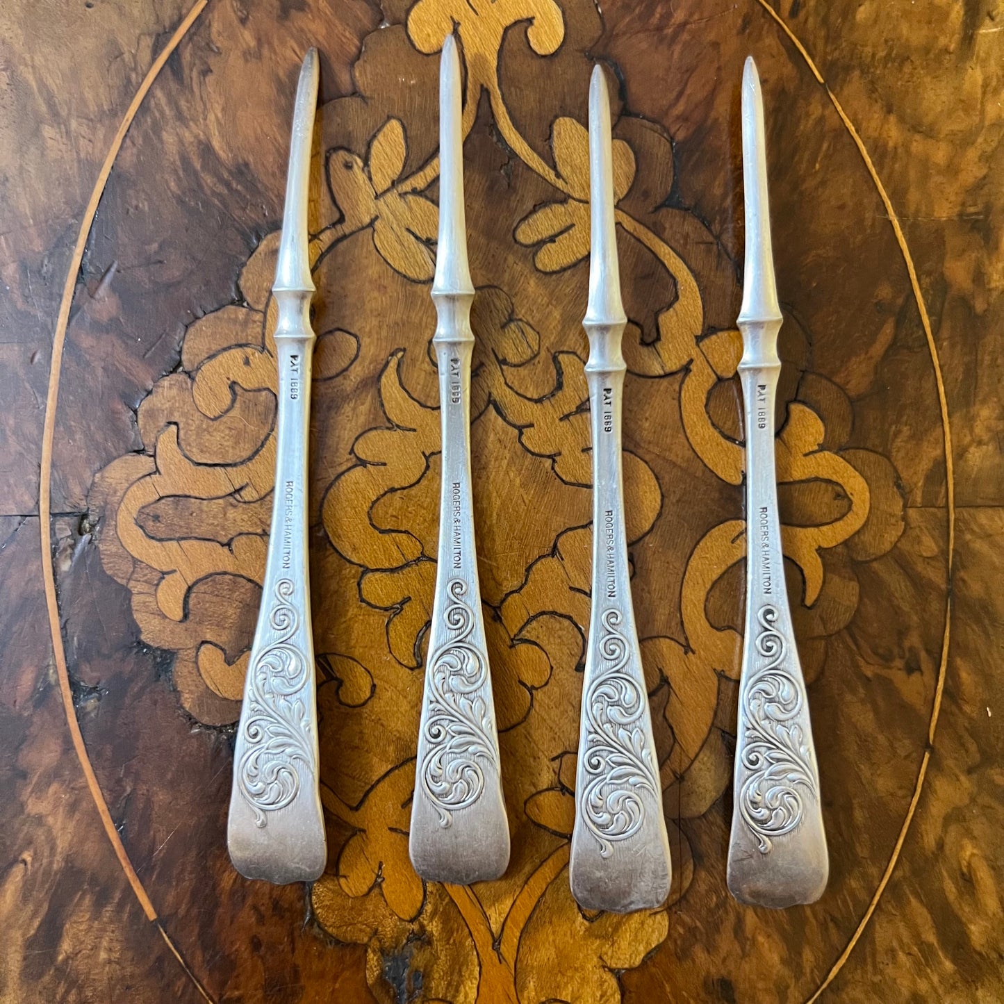 Antique Rogers & Hamilton 1889 Silver Plated Pickle Fork Set Of 4