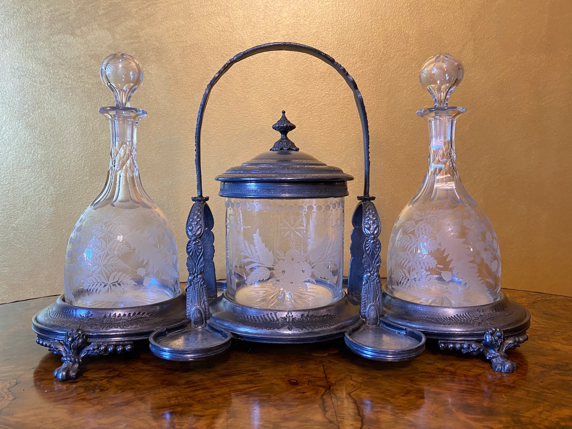 Antique Stand with Two Decanter and Canister