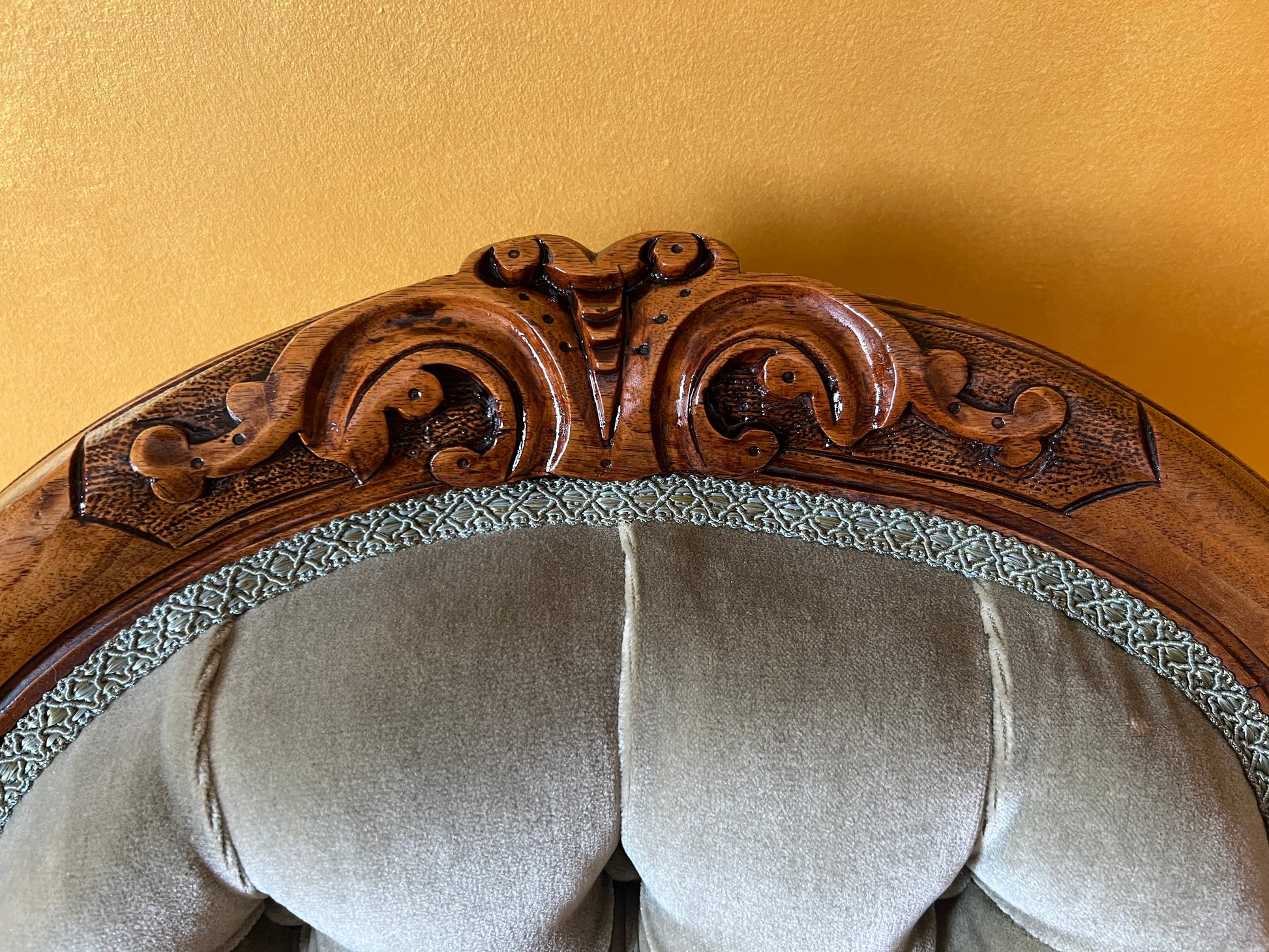 Antique Walnut Green Velvet Chair