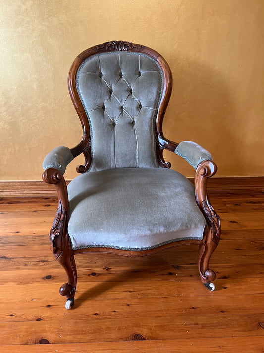 Antique Walnut Green Velvet Grandfather Chair