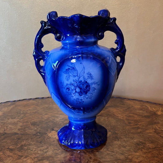 Blue Ceramic Scroll Handles Vase