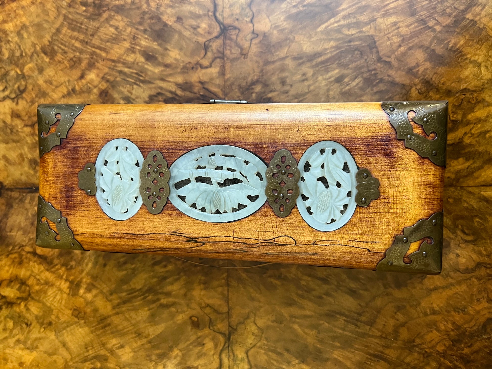 Chinese Jade Insert Jewellery Box Vintage 