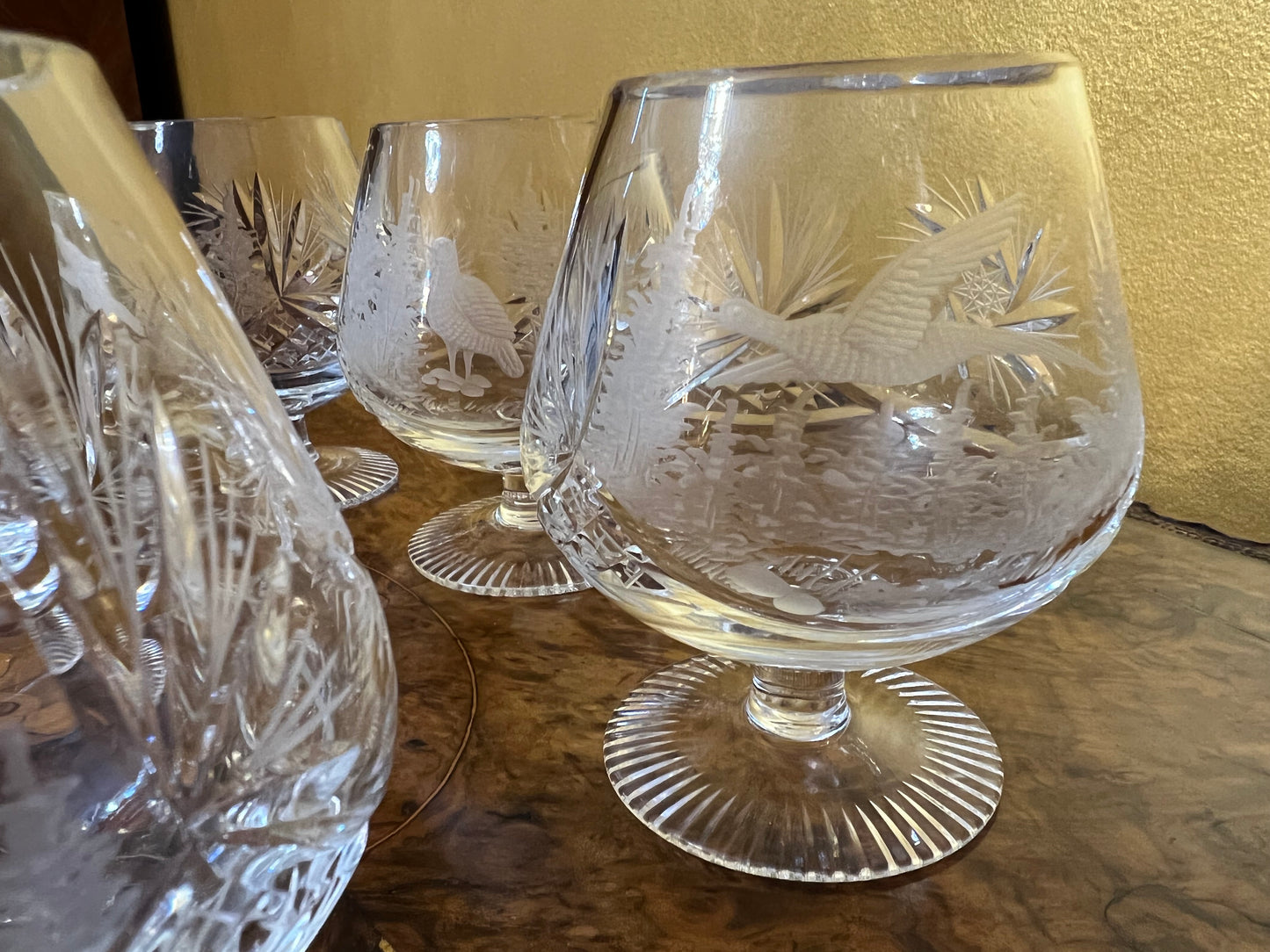 Crystal Birds Etched Brandy Glasses 